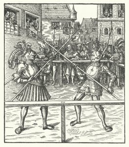 ハルバードを使って徒歩で戦うオーストリアのマクシミリアン大公（彫刻 作： Hans (after) Burgkmair