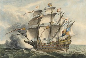 グレート・ハリー号 ヘンリー8世の治世にウリッジで建造された、砲を搭載した最初の戦艦。 作： Hans (after) Holbein the Younger