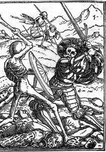 若き日のハンス・ホルベイン（1497-1543）の死の模倣：兵士。兵士は「死」と戦い、その足元には他の戦士の遺体が横たわっている。エングレーヴィングです。