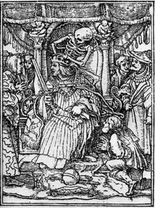 若き日のハンス・ホルベイン（1497-1543）の死のシミュラコン：皇帝のこと。死が皇帝の冠を奪う一方で、農民が正義を乞う。エングレーヴィングです。