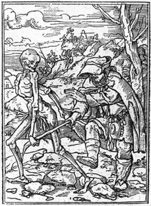若き日のハンス・ホルベイン（1497-1543）の死のシミュラコン：盲人。死は盲人の杖をつかみ、ガイドの役割を果たす。エングレーヴィングです。