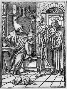 若き日のハンス・ホルベイン（1497-1543）の死のシミュラコン：医者。医者と患者の間に死が訪れる。エングレーヴィング。