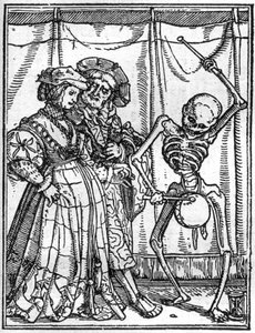 若き日のハンス・ホルベイン（1497-1543）の死のシミュラコン：夫たち。死は夫婦の前でドラムを演奏する。エングレーヴィング。
