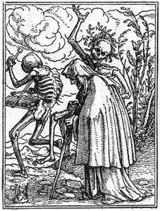 若き日のハンス・ホルベイン（1497-1543）の死のシミュラコン：老い。死は老婦人を運命に同行させる。エングレーヴィング。