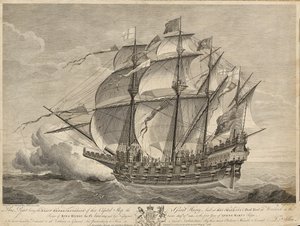 この版画は、1514年第8代ヘンリー王の治世にウリッジのドックヤードで建造されたグレート・ハリー号を忠実に再現したものである。 作： Hans (after) Holbein the Younger