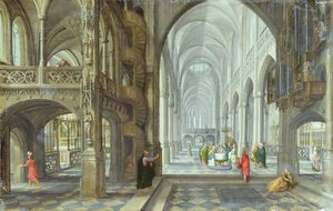 キリストの割礼がメイン通路で行われているゴシック教会の内部 1600年頃（油彩・キャンバス