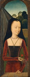 ピンクの若い女性、c.1485-90（木の油） 作： Hans (attr.to) Memling