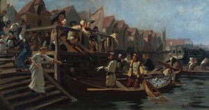 魚市場での入札、ベルゲンの三角地帯 (キャンバスに油彩) 作： Hans Andreas Dahl