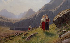 ノルウェー西部の山の湖のそばの 3 人の少女 (キャンバスに油彩) 作： Hans Andreas Dahl