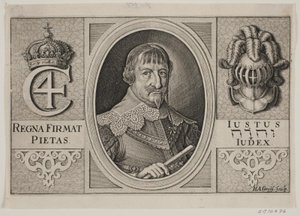 クリスチャン4世。 ペーダー・ヴィンストラップのイラスト、「デンマークのホーンブロワー」、1644年 作： Hans Andreas Greys
