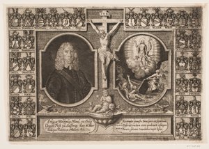 Gregers Friis から Ålstrup へ、十字架上のキリストとキリストの復活へ。 盾に囲まれて 作： Hans Andreas Greys