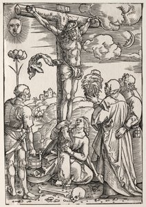 メアリー、セントジョン、メアリーマグダーレン、セントステファンとの十字架上のキリスト、1505年。 作： Hans Baldung