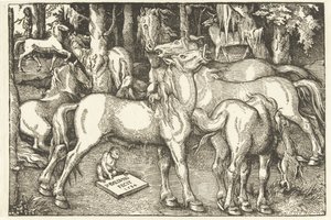 7 頭の馬と 1 匹のサルのグループ 作： Hans Baldung Grien