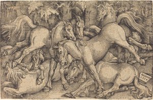 森の中の 7 頭の馬のグループ 作： Hans Baldung Grien