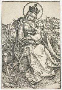 芝生のベンチに座るマドンナと子供 作： Hans Baldung Grien