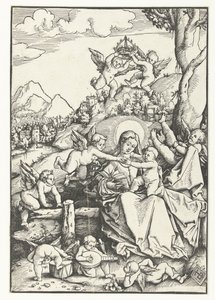 風景の中に 8 人の天使がいるマリアと子供 作： Hans Baldung Grien
