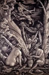 ドイツの画家、彫刻家、漫画家であるハンス・バルドゥング・グリーン（1484-1545）の版画「魔女たちの安息日」。 作： Hans Baldung Grien