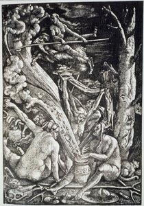 19世紀後半に出版された魔法の歴史に描かれた、ハンスバルドゥンググリアンの後の安息日の魔女
