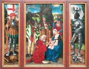三王の祭壇画
左：聖ジョージ
中央王の礼拝

右聖モーリシャス 作： ハンス・バルダン・グリエン