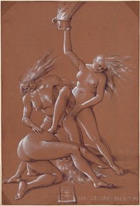 3 人の魔女との新年の挨拶 - ハンス バルドゥング (1484-1545) によるアートワーク、紙にインクと白チョーク 作： Hans Baldung Grien