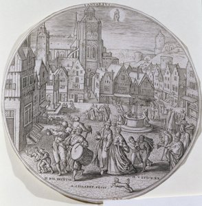 1月、アドリアン・コラート（1560-1618）によって刻まれた12の「月の年」のセットから、ベルゲンのマーケット広場で12夜を祝うバーガーを示す 作： Hans Bol