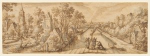 アブラハムと三人の天使のいるデルフガウの眺め 作： Hans Bol