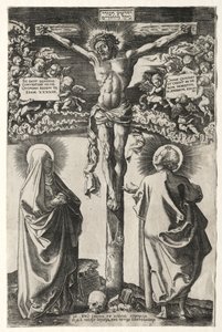 聖母と聖ヨハネの間の十字架上のキリスト、1542年。 作： Hans Brosamer
