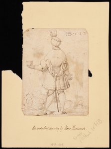 左手にカップを持っている羽毛帽子の男性を後ろから見た 作： Hans Brosamer