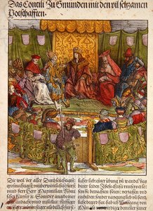 重要な外国人訪問者を迎えたグムンデンの議会、『Der Weisskunig』より、1515年頃（手彩色木版画 作： Hans Burgkmair