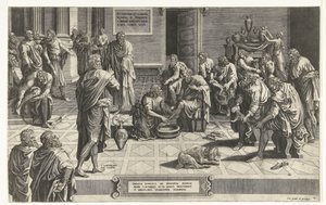 Christ wast de voeten van de discipelen すべての主は、彼のしもべたちの足を洗うためにひざまずいてひれ伏します。 作： Hans Collaert (I) (attributed to)