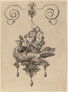 ネプチューンを運ぶ海の怪物が 2 人の人物に挟まれたペンダントのデザイン 作： Hans Collaert the Elder