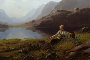 マウンテン湖のそばの少女編み（キャンバスのオイル） 作： Hans Dahl