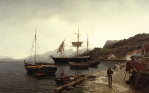 港、Kleven、マンダルでの釣りスマック (ボート) 作： Hans Gude