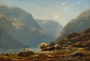 手漕ぎボートの人々 とフィヨルドの風景 作： Hans Gude