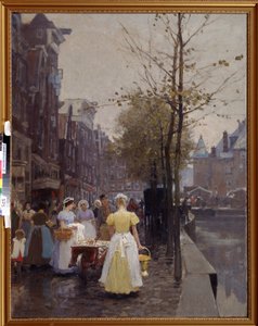 ""October Morning in the Streets of Amsterdam"" (アムステルダムの 10 月の朝) 使用人は通りで忙しい。 ハンス ヘルマン (1813-1890) の絵画 19 世紀の地域美術館、シンフェロポリ ウクライナ