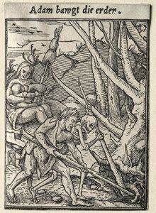死のダンス: 地面を耕すアダム 作： Hans Holbein