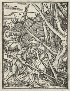死のダンス：楽園からの追放。 土を耕すアダム 作： Hans Holbein