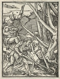 死のダンス：楽園からの追放、地面を耕すアダム。 作： Hans Holbein