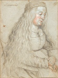 流れるような髪とカチューシャで座っている花嫁 作： Hans Holbein d.Æ.