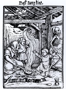 ハンス・ルツェルバーガーによって彫刻された「死のダンス」シリーズからの子供をとる死、1526年頃