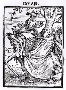 ハンス・ラッツェルバーガーによって刻まれた「死のダンス」からの死とアボット、1538年頃 作： Hans Holbein der Jüngere