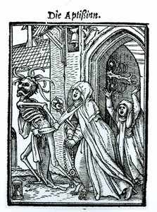 ハンス・ラッツェルバーガーが刻んだ「死のダンス」の死と修道院長、1538年頃
