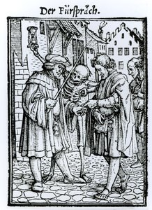 ハンス・ラッツェルバーガー、1538年頃に刻まれた「死のダンス」の死と法廷弁護士 作： Hans Holbein der Jüngere