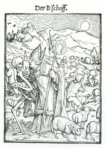ハンス・ラッツェルバーガーによって刻まれた「死のダンス」からの死と司教、1538年頃 作： Hans Holbein der Jüngere