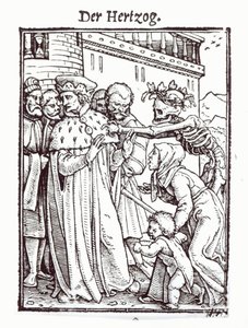 ハンス・ラッツェルバーガーによって刻まれた「死のダンス」の死と公爵、1538年頃 作： Hans Holbein der Jüngere