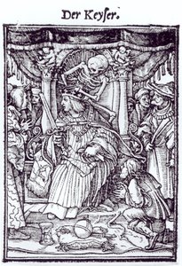 「死のダンス」からの死と皇帝、ハンス・ルツェルバーガーの彫刻、1538年頃 作： Hans Holbein der Jüngere