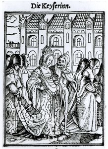 ハンス・ラッツェルバーガーによって刻まれた「死のダンス」からの死と皇后、1538年頃