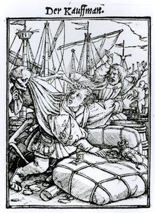ハンス・ルツェルバーガーが刻んだ「死のダンス」の死と商人、1538年頃 作： Hans Holbein der Jüngere