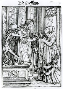 ハンス・ラッツェルバーガーによって刻まれた「死のダンス」からの死と愛人、1538年頃