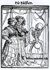 ハンス・ラッツェルバーガーによって刻まれた「死のダンス」からの死と貴婦人、1538年頃 作： Hans Holbein der Jüngere